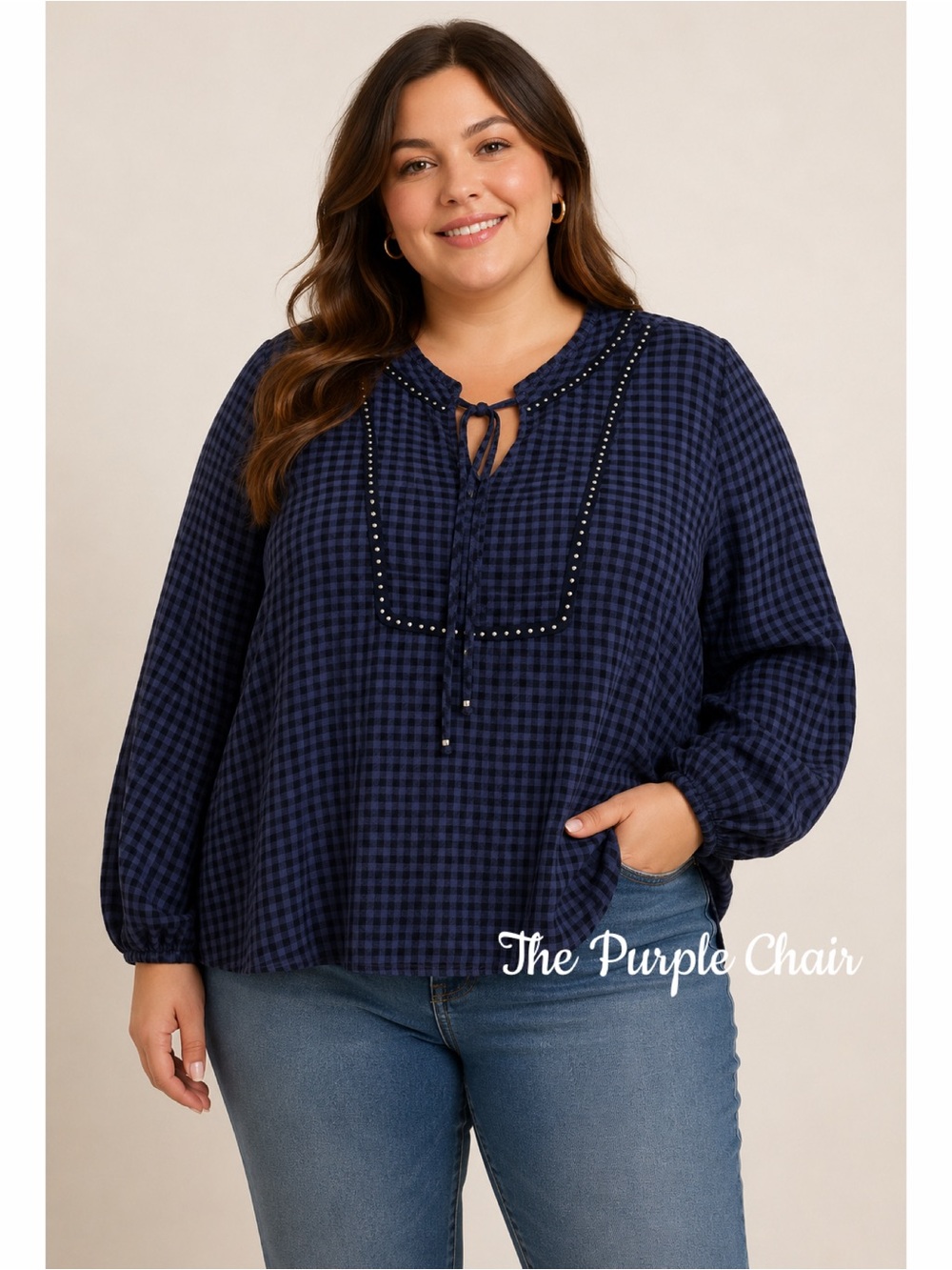 NWT Long Sleeve Studded Blue/Black Moonstone Plaid Top 2X